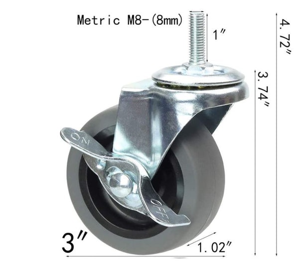 RE3 Set of four 3" Casters with Metric Stem M8 x 25 mm. (1") x 1.25