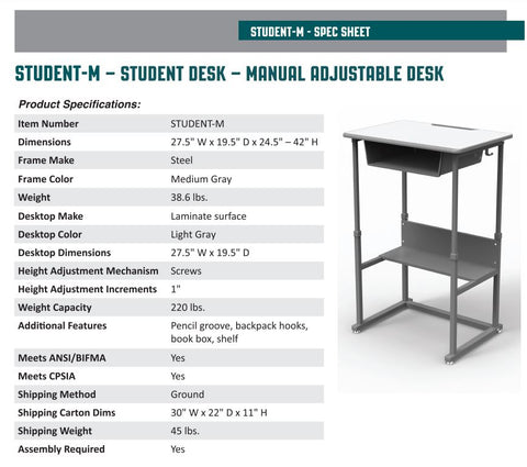 Study Desk Specification Student-M Desk - Adjustable Height Student Desk - Sit or Stand ...